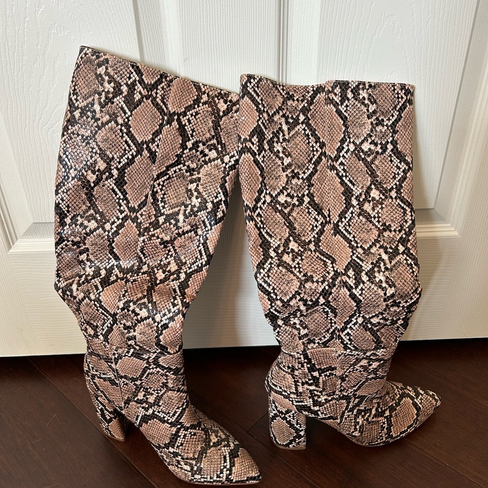 Brown snakeskin knee high boots